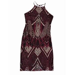 Bisou Bisou Sequin Cocktail Dress Size‎ 14 Burgundy Black Gold Sleeveless Party